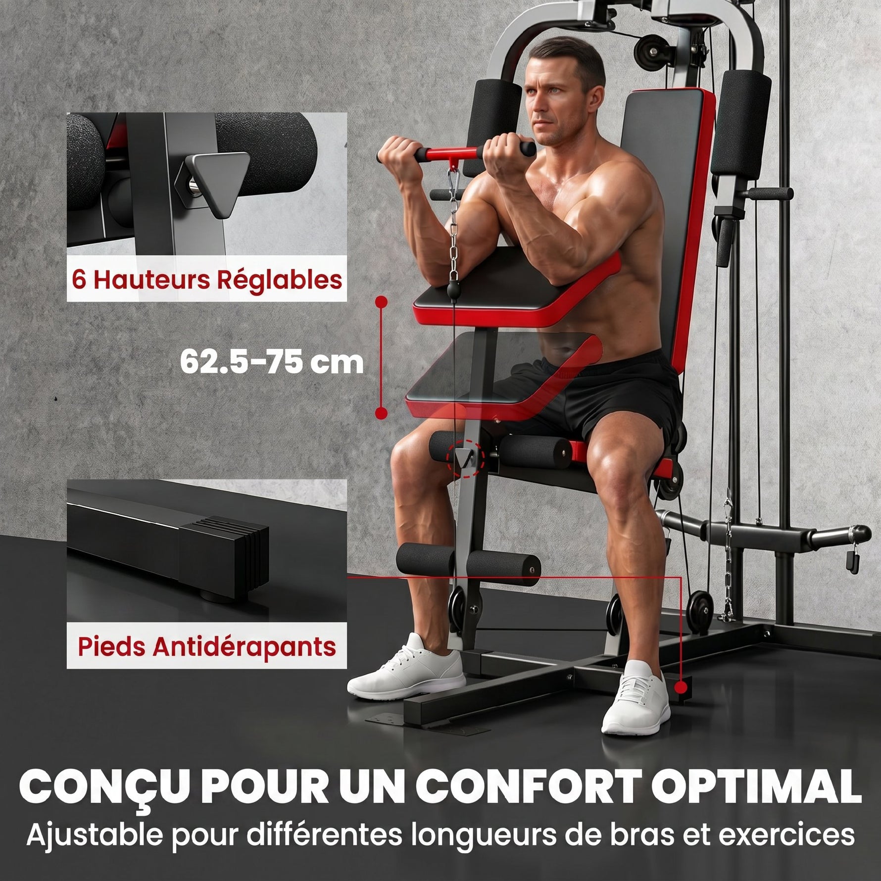Station de Musculation Multifonction à Disques Libres, avec Banc Amovible, 136x107x205cm, Noir et Rouge