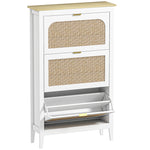 Meuble à chaussures 21 paires bohème avec 3 tiroirs rabattables, portes effet cannage rotin, 80 x 24 x 131 cm, blanc