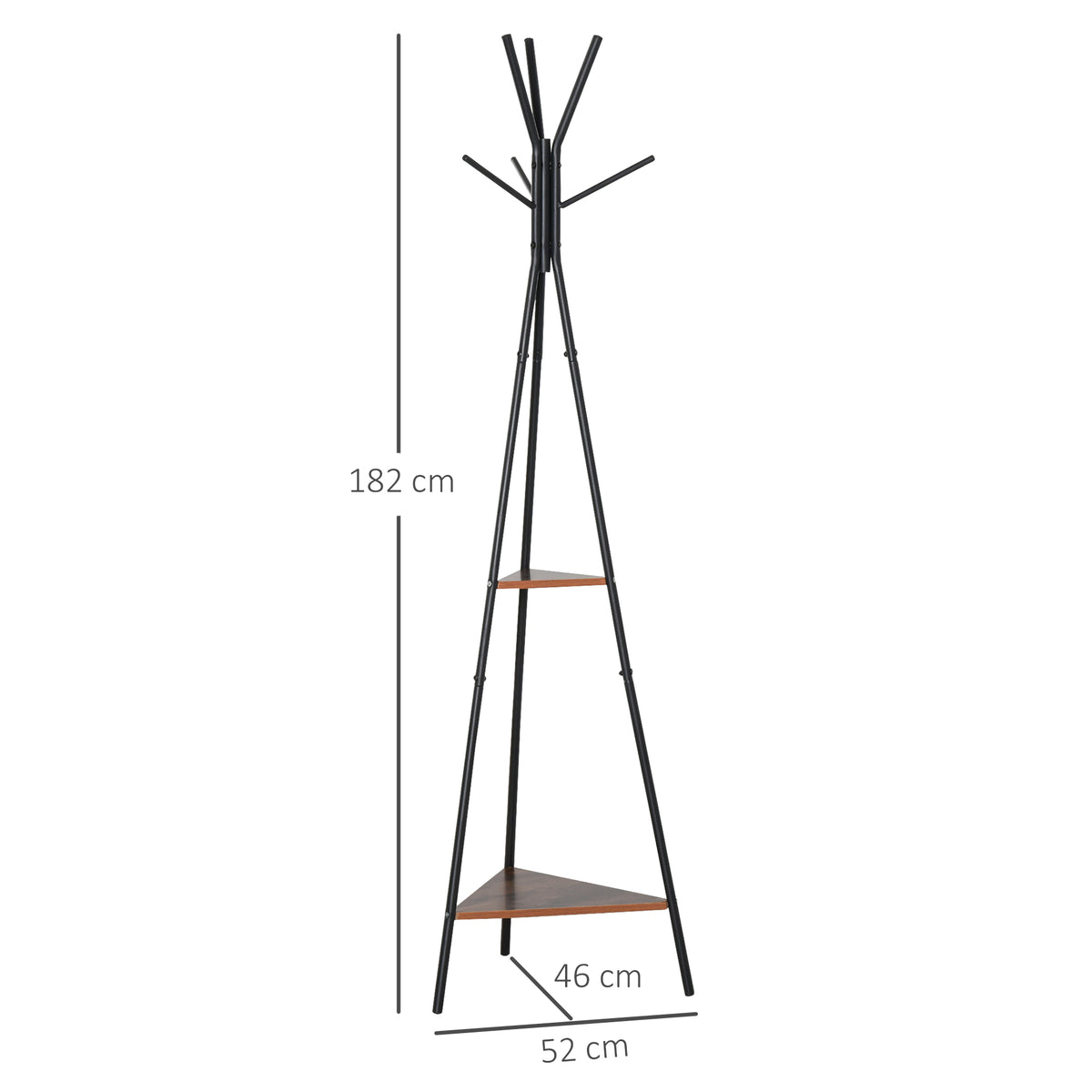 Lot de 2 porte-manteaux trépied meuble d'entrée style industriel branches 2 étagères + 6 patères métal noir