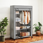 Armadio guardaroba in tessuto mobile contenitore 6 ruote asta appendiabiti e ripiani a giorno 103x43x162,5cm grigio