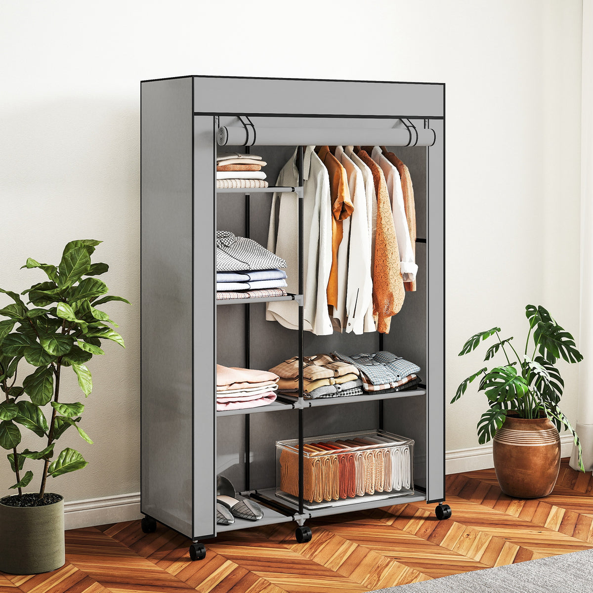 Armadio guardaroba in tessuto mobile contenitore 6 ruote asta appendiabiti e ripiani a giorno 103x43x162,5cm grigio