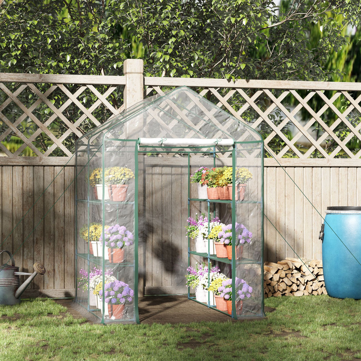 Serre de jardin avec étagères 3 niveaux, serre de balcon, châssis en acier, porte zippée enroulable, pour légumes plantes fleurs, intérieur et extérieur, 143x143x195cm, transparent