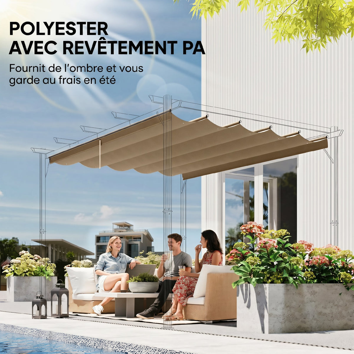 Toile de Toit pour Pergola Tonnelle Rétractable de 3 x 3 m - Toile Uniquement 250 x 255 cm, Ecru