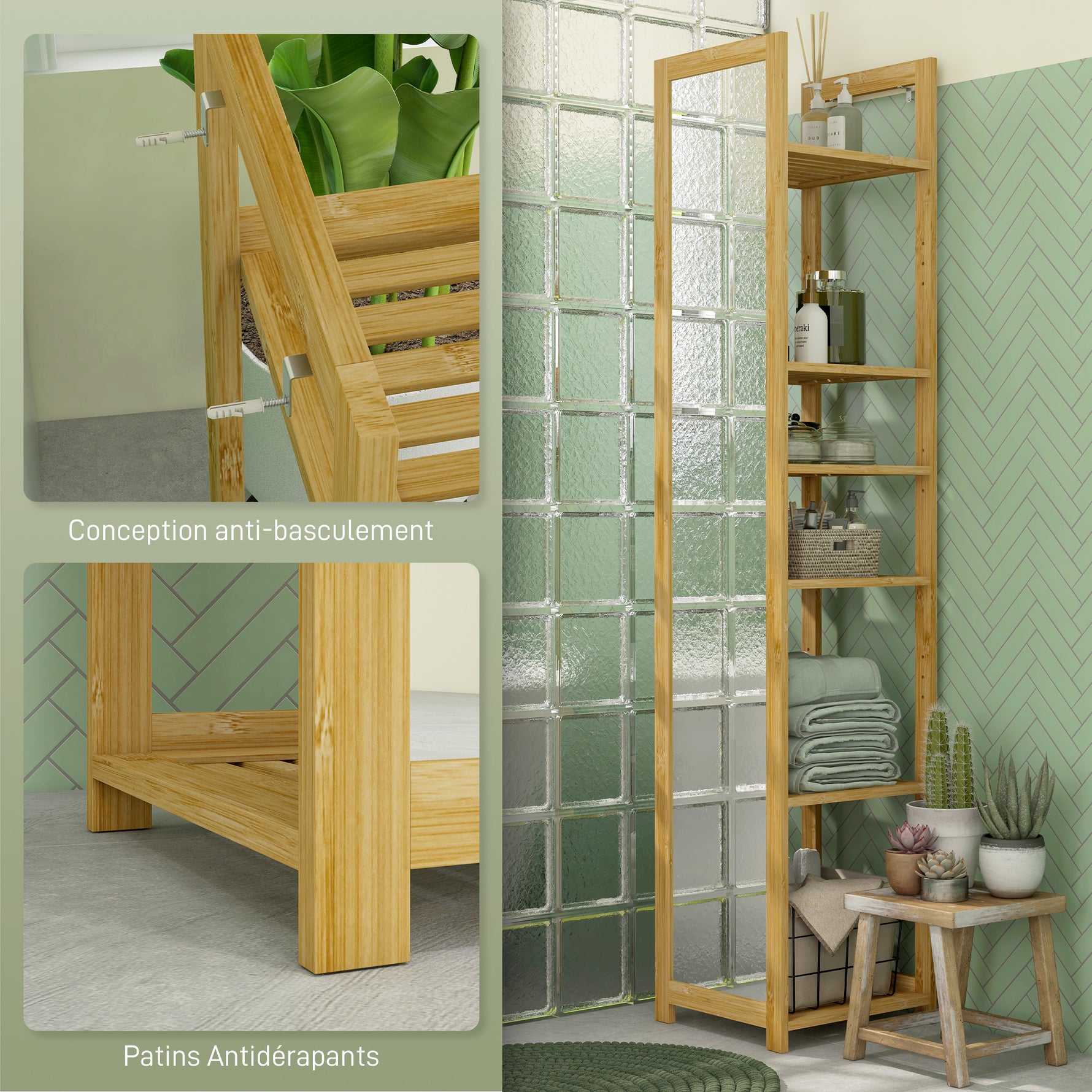 Meuble colonne de salle de bain à 6 niveaux en bambou avec miroir, 6 étagères, naturel, 35L x 35l x 168H cm