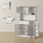 Buffet haut cuisine, armoire de cuisine, station de charge, 6 portes, plan de travail, porte-épices, 100x40x173cm, blanc