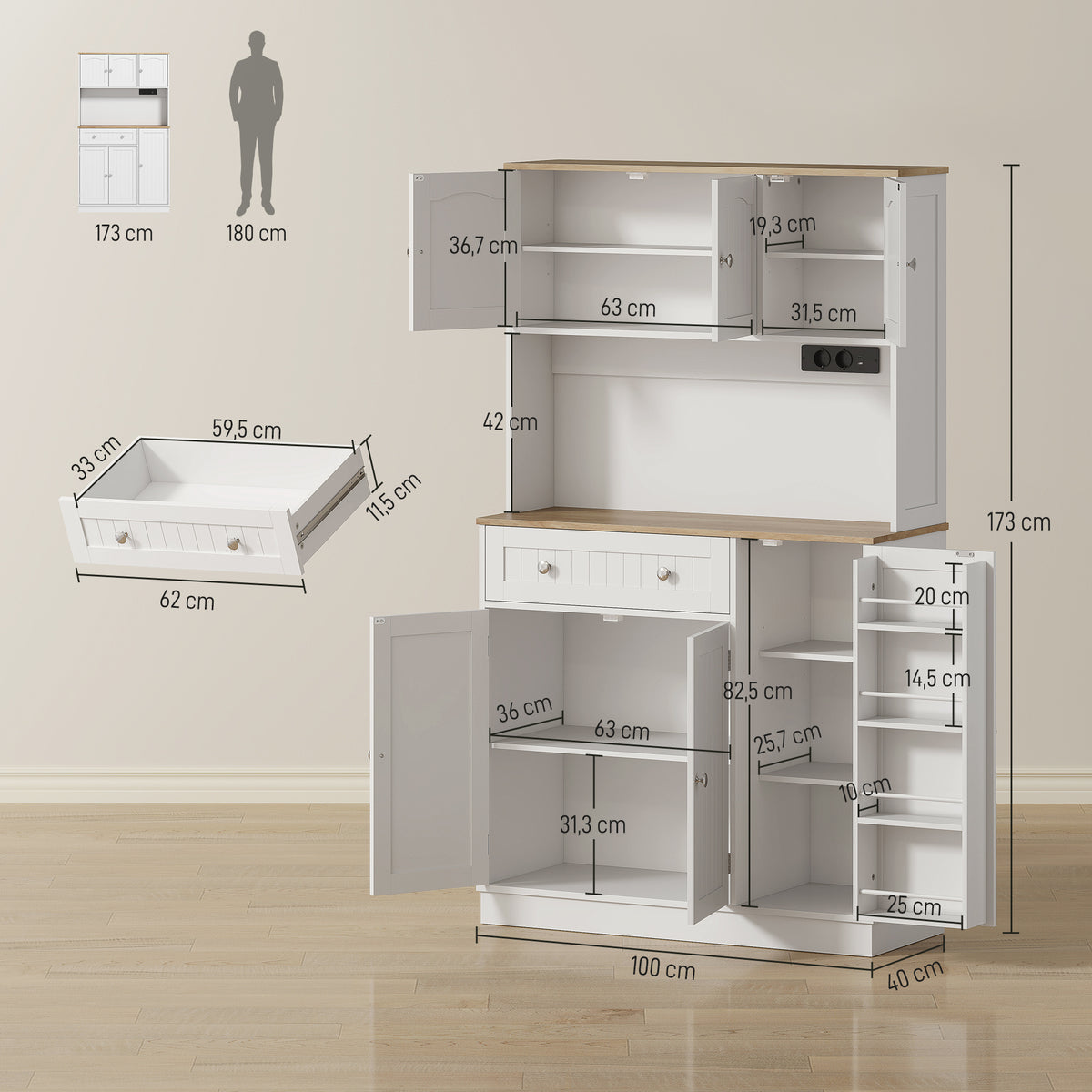 Buffet haut cuisine, armoire de cuisine, station de charge, 6 portes, plan de travail, porte-épices, 100x40x173cm, blanc