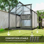 Serre de jardin polycarbonate 3,65m² 190 x 192 x 201 cm résistant aux UV fondation renforcé gouttière Gris