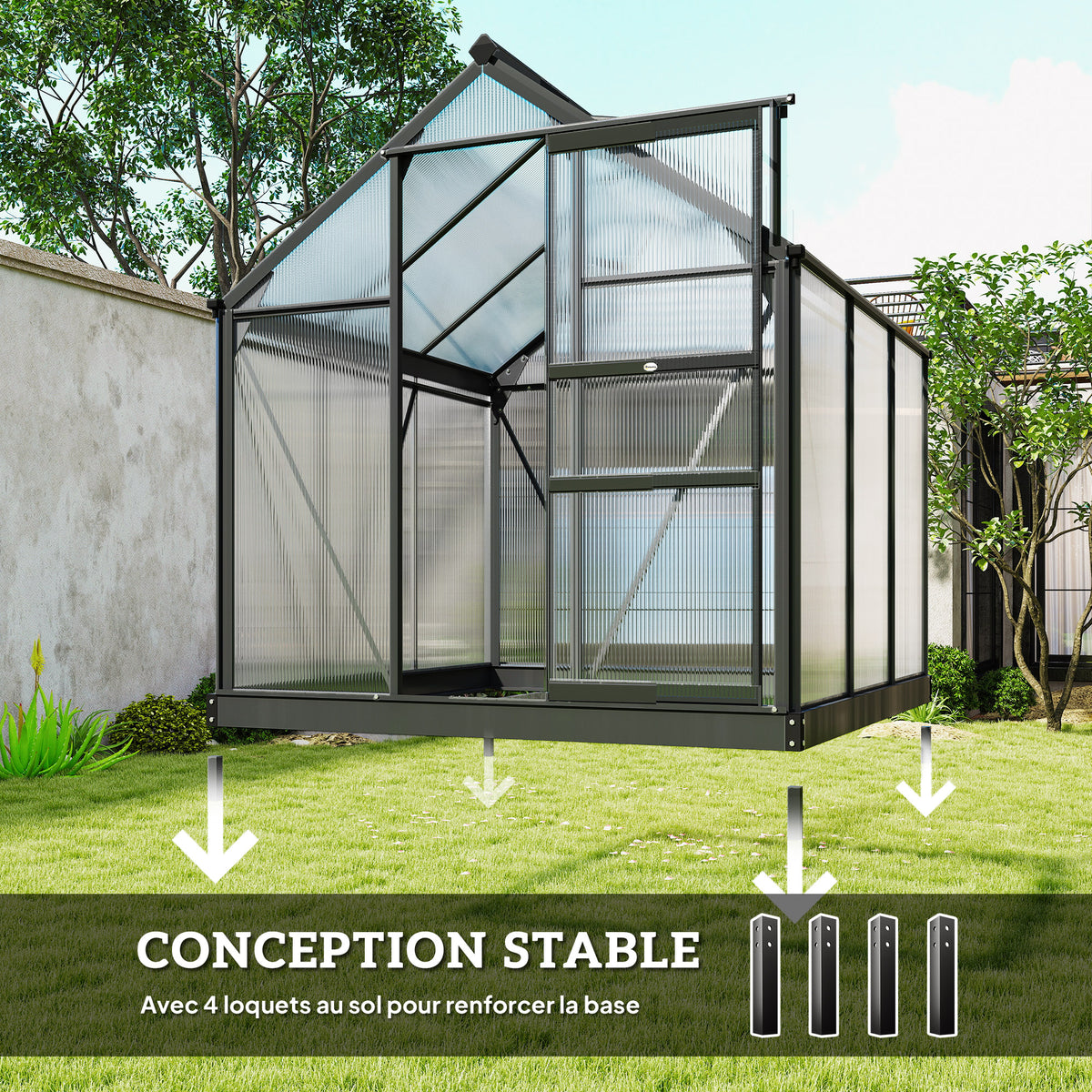 Serre de jardin polycarbonate 3,65m² 190 x 192 x 201 cm résistant aux UV fondation renforcé gouttière Gris