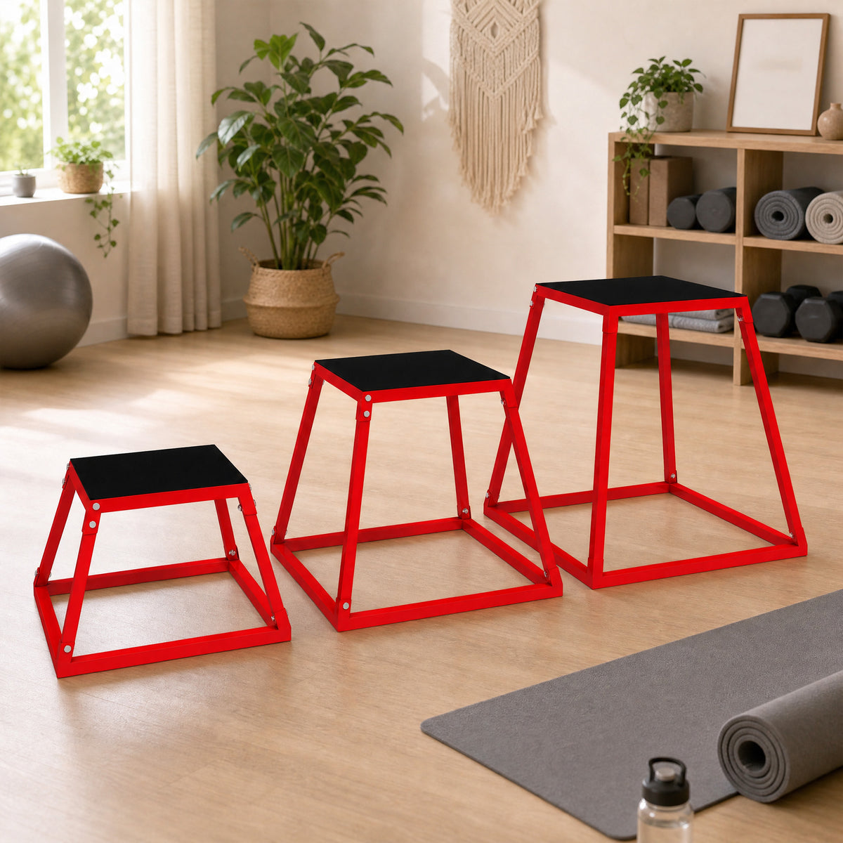 Boîte Entraînement Pliométrique Trapézoïdale en Acier, 3 Plateformes de Saut Antidérapantes 30,5/45,8/61 cm, Rouge