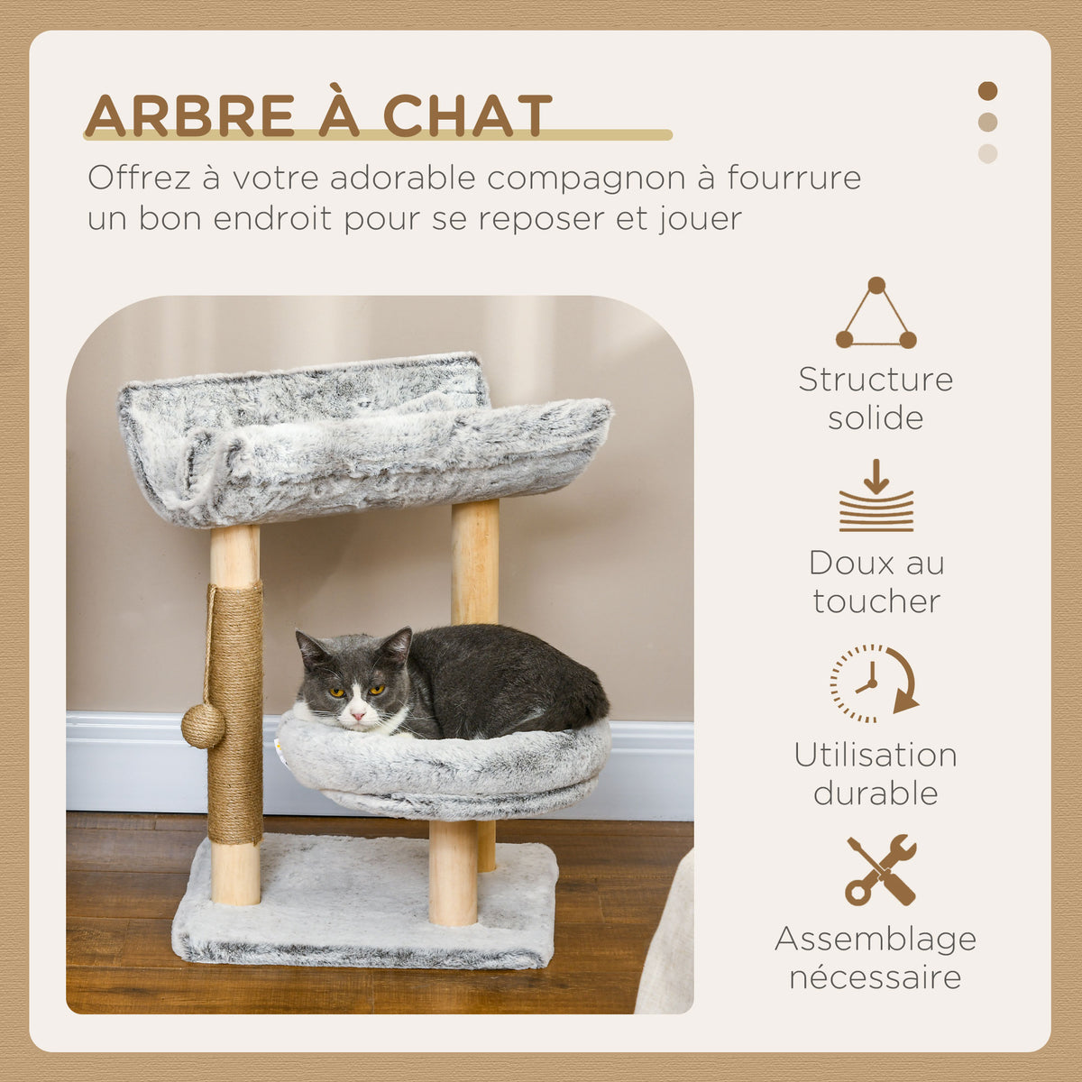 Abre à chat avec griffoir 1 niche supérieure avec coussin lavable 1 niche ronde peluche hauteur 60 cm gris