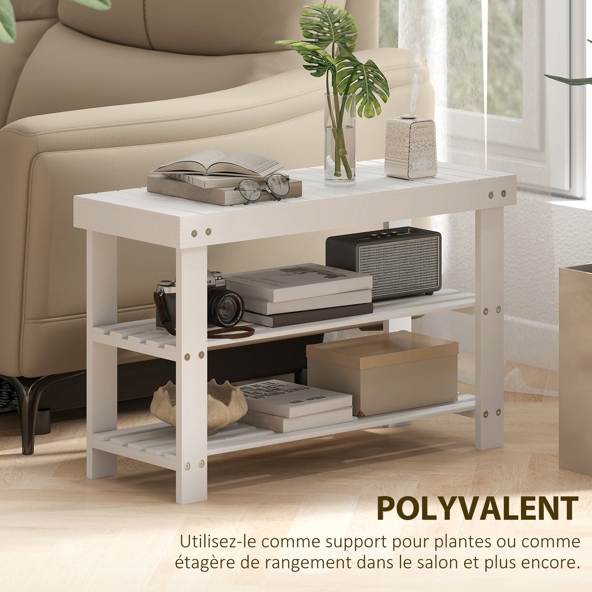 Banc à chaussures en bambou, étagère à chaussures à 3 niveaux, style scandinave, charge 136 Kg, 70 x 28 x 45 cm, blanc