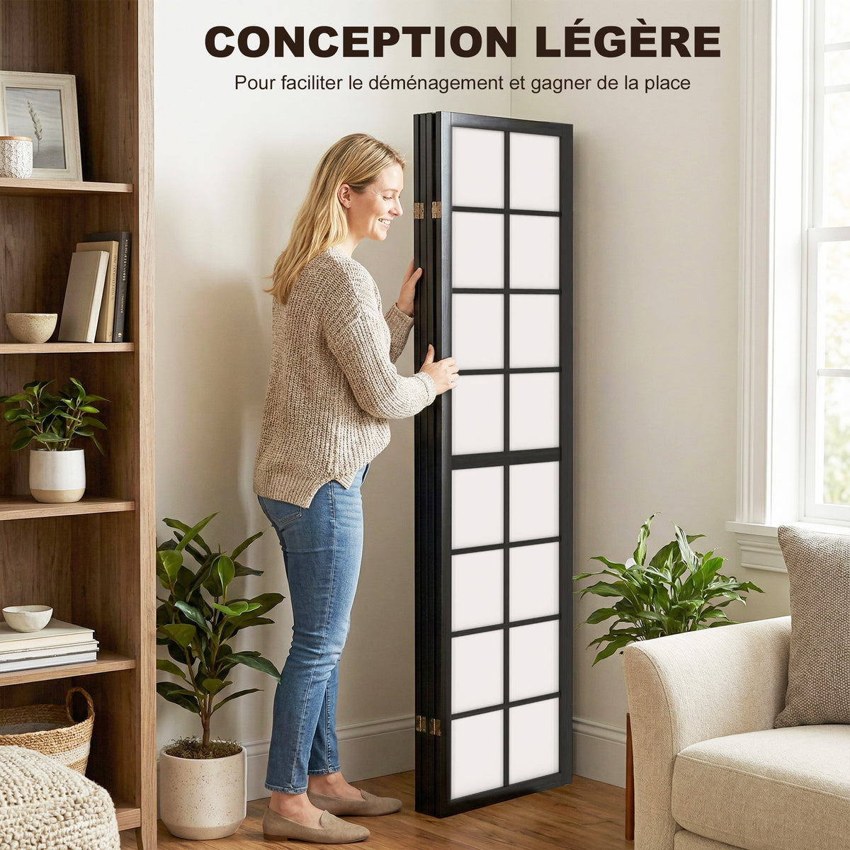 Paravent interieur pliable 4 panneaux 160 x 170 cm séparateur de pièce pour salon chambre à coucher maison, noir