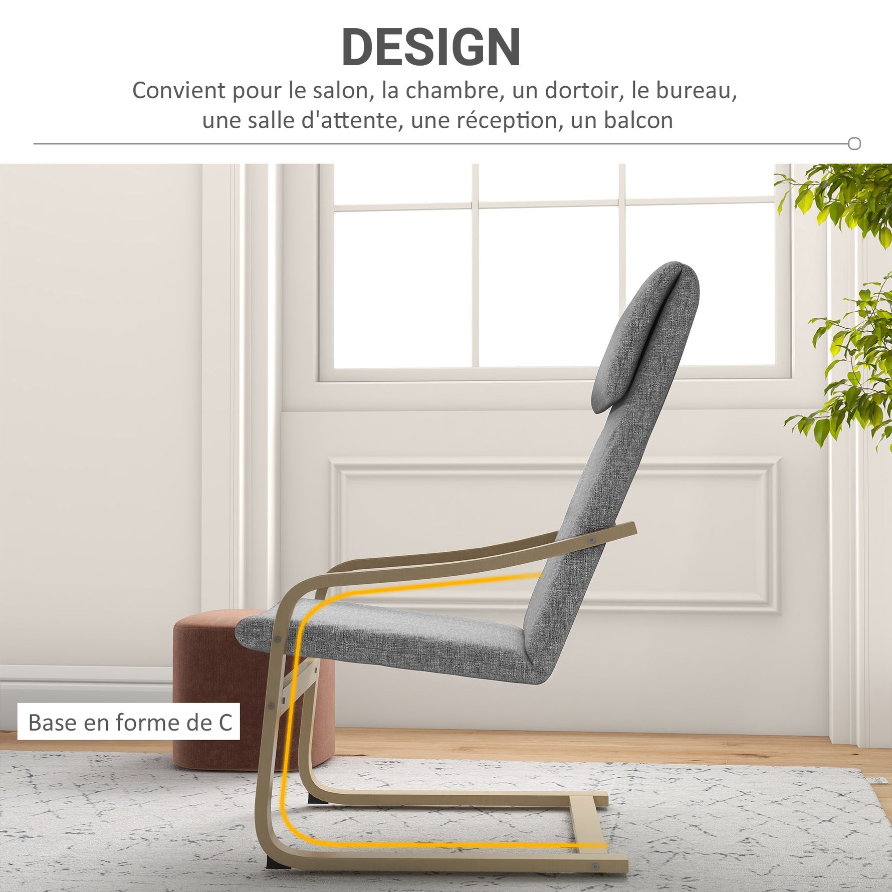 Fauteuil de salon, fauteuil chambre avec accoudoirs incurvés, coussin, tissu aspect lin, 65 x 79 x 98 cm, gris