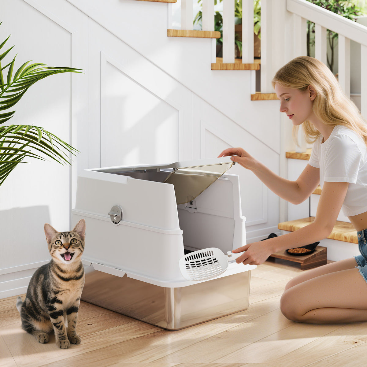 XL enclosed stainless steel litter box, hooded cat litter box for large cats, 60.2 x 40.2 x 43.3 cm, light gray