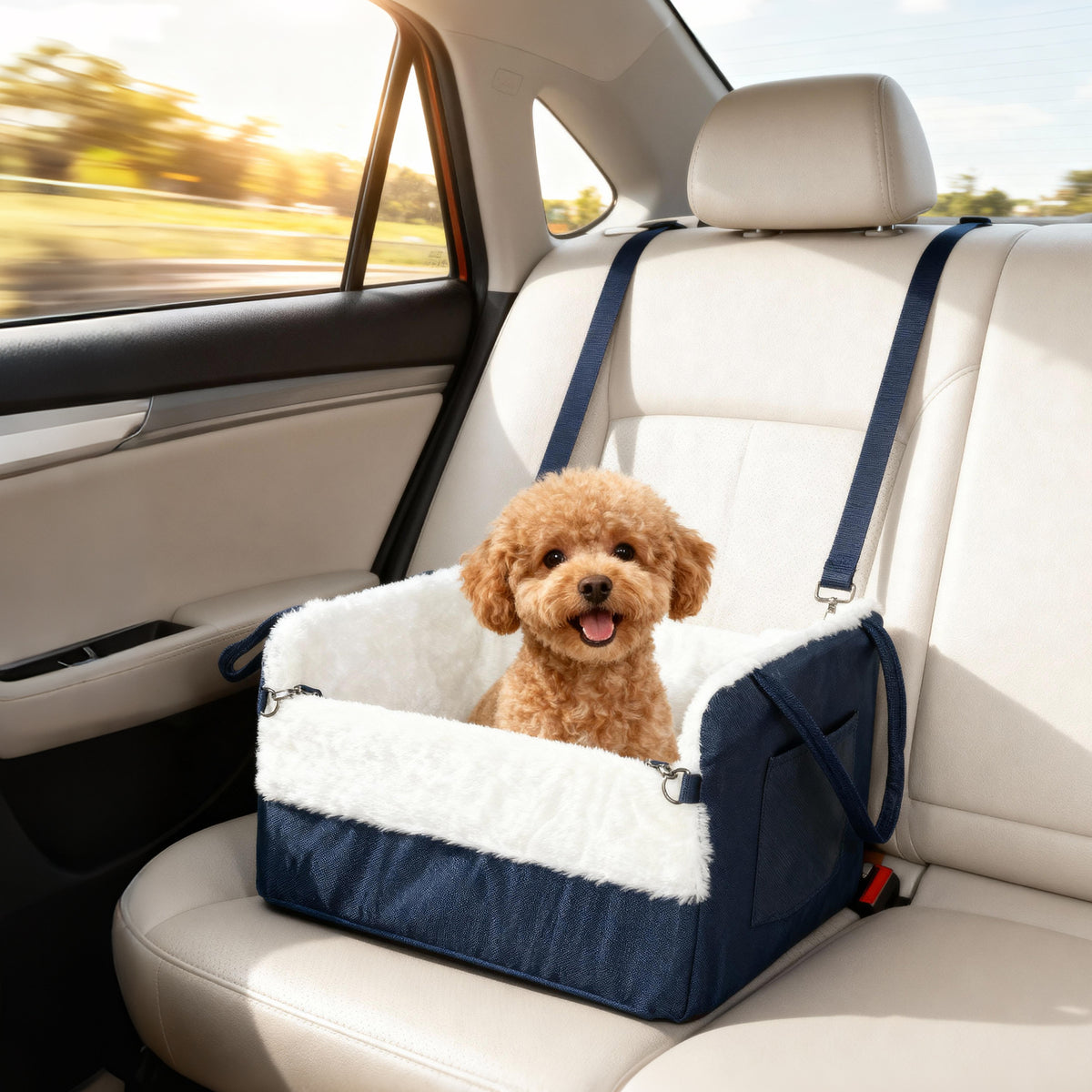 Siège auto pour chien avec ceinture de sécurité et fixation, siège de voiture pour chiens 55 x 46 x 32 cm bleu marine