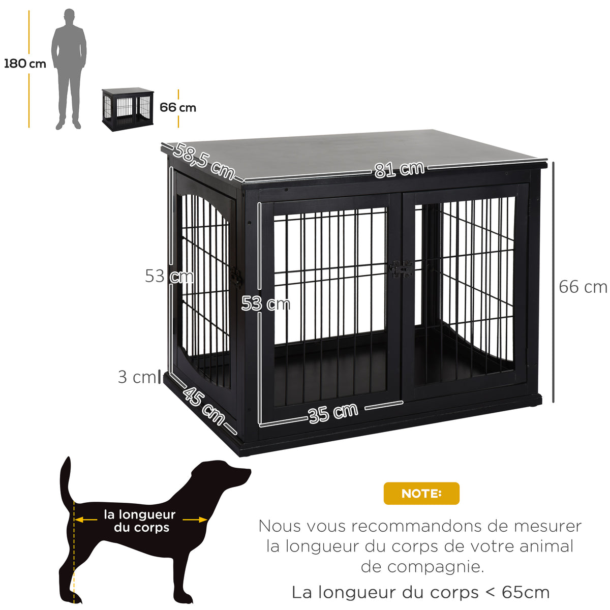Cage pour chien animaux meuble cage chien intérieur en bois MDF classe E1 3 portes verrouillables max. 30 Kg dim. 81L x 58l x 66H cm noir