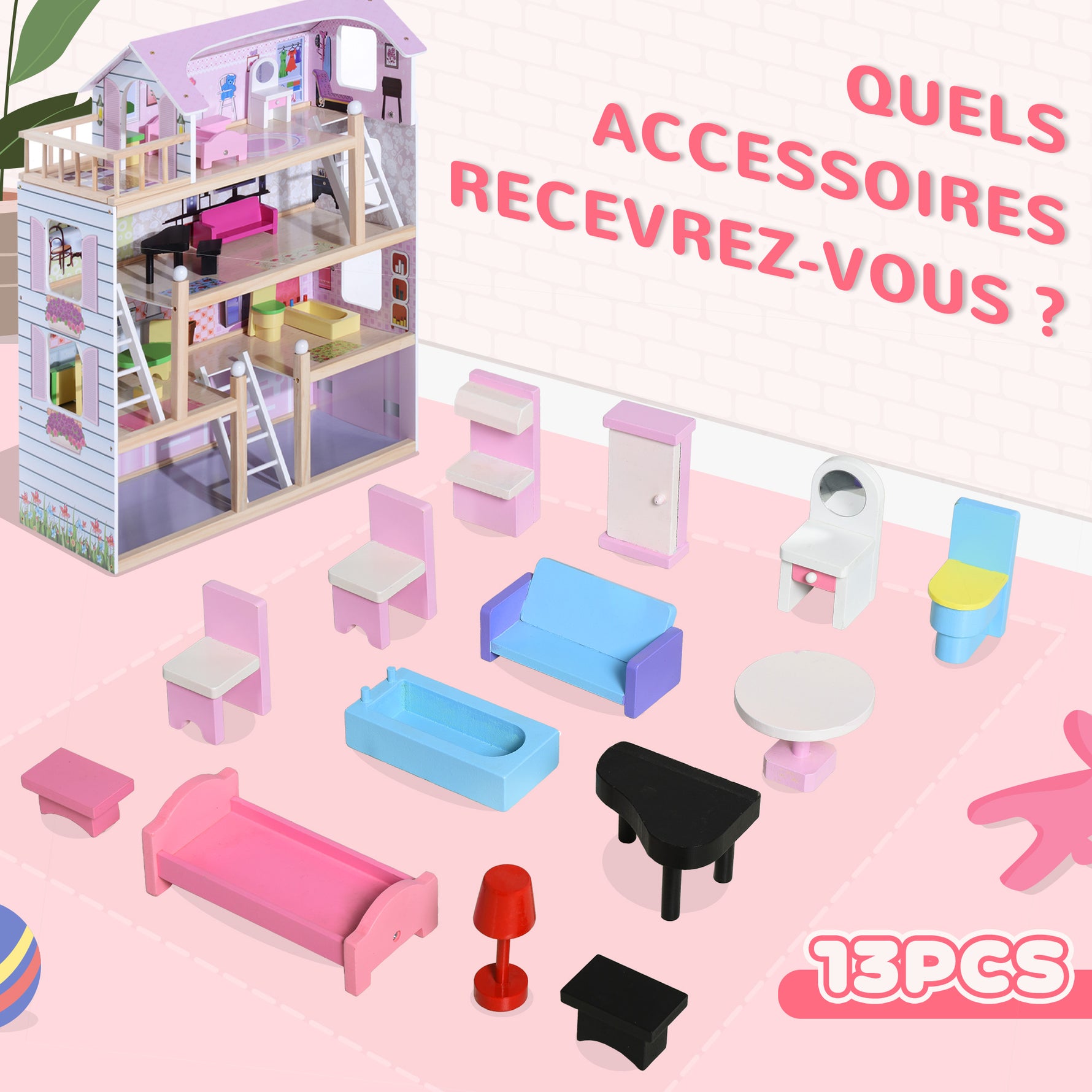 Maison de poupée en Bois Jeu d'imitation 4 Étages pour 3+ ans avec 13 Accessoires Grand réalisme Multi-équipement 60L x 30l x 80H cm Blanc et Rose