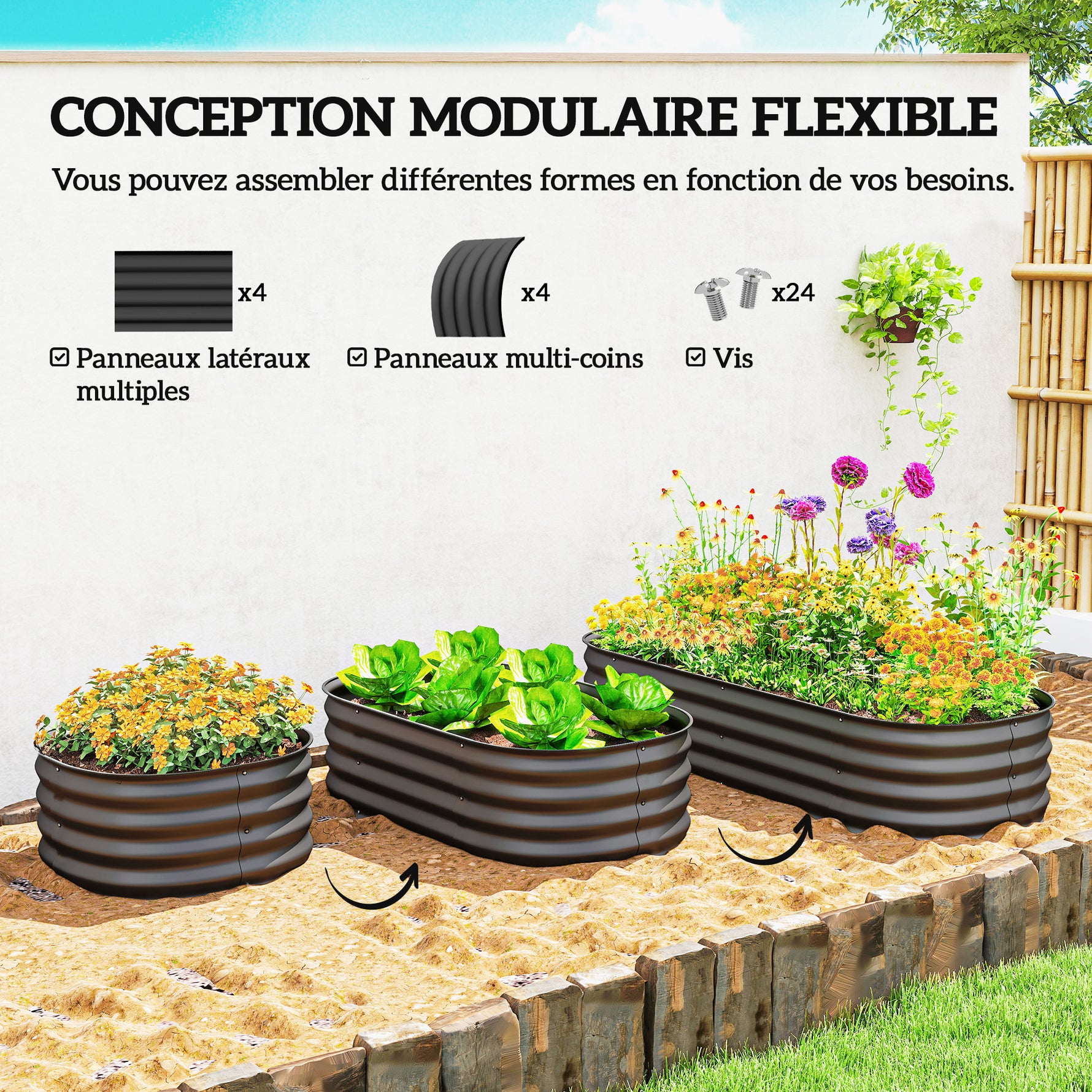 Jardinière surélevée carré potager de jardin en acier modulable légumes, plantes, fleurs, dim. 150 x 62 x 30 cm gris