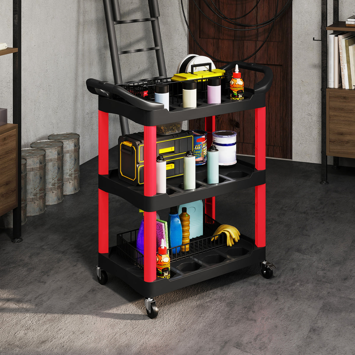 Chariot d'atelier à 3 niveaux avec poignée latérale pour garage, entrepôt, outils de bricolage, charge 91 Kg, noir