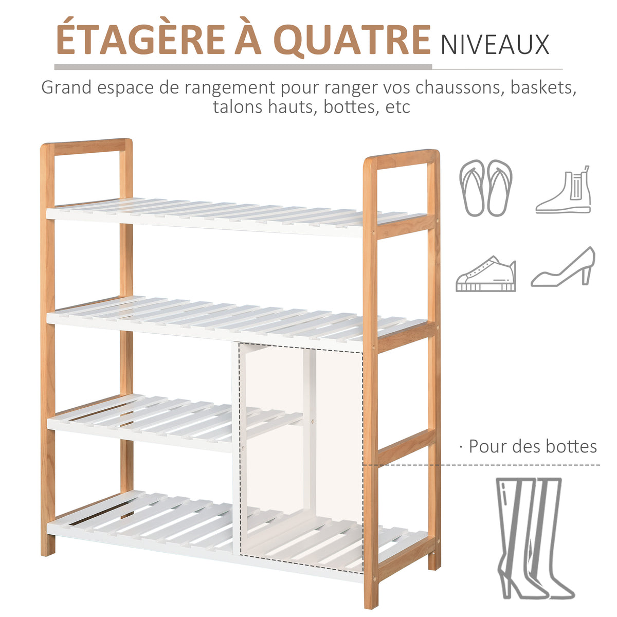 Etagère à Chaussures - étagère de Rangement - Meuble Chaussures 4 Niveaux Bois de pin étagères à Lattes MDF Blanc