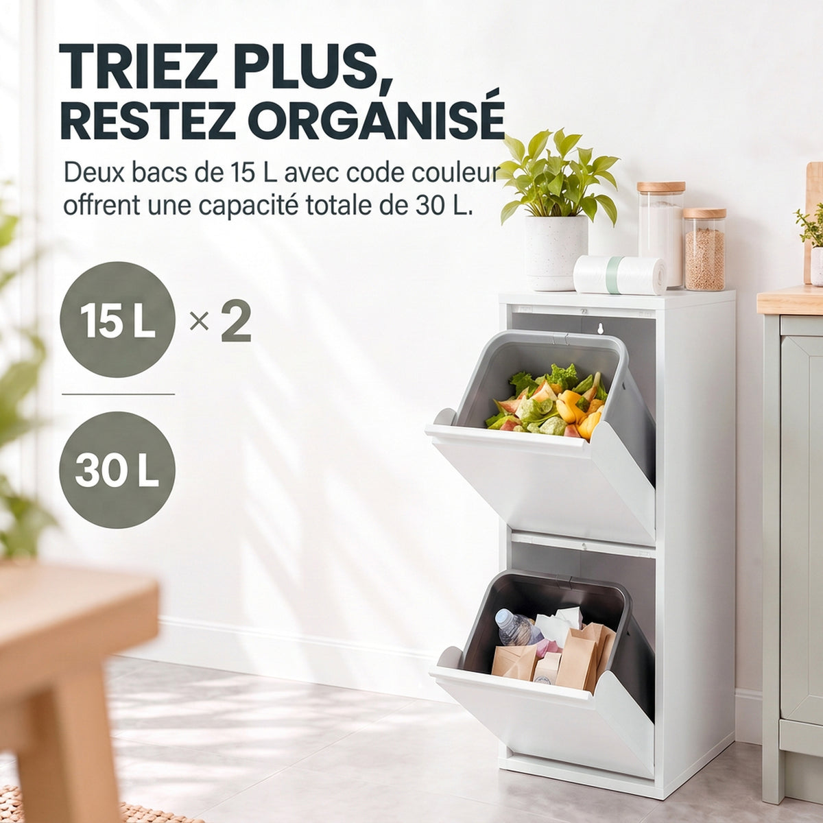 Mueble para Basura de Clasificación Selectiva, Papelera de Reciclaje de 30 L (2 x 15 L) con 2 Compartimentos, Cierre Suave, Blanco