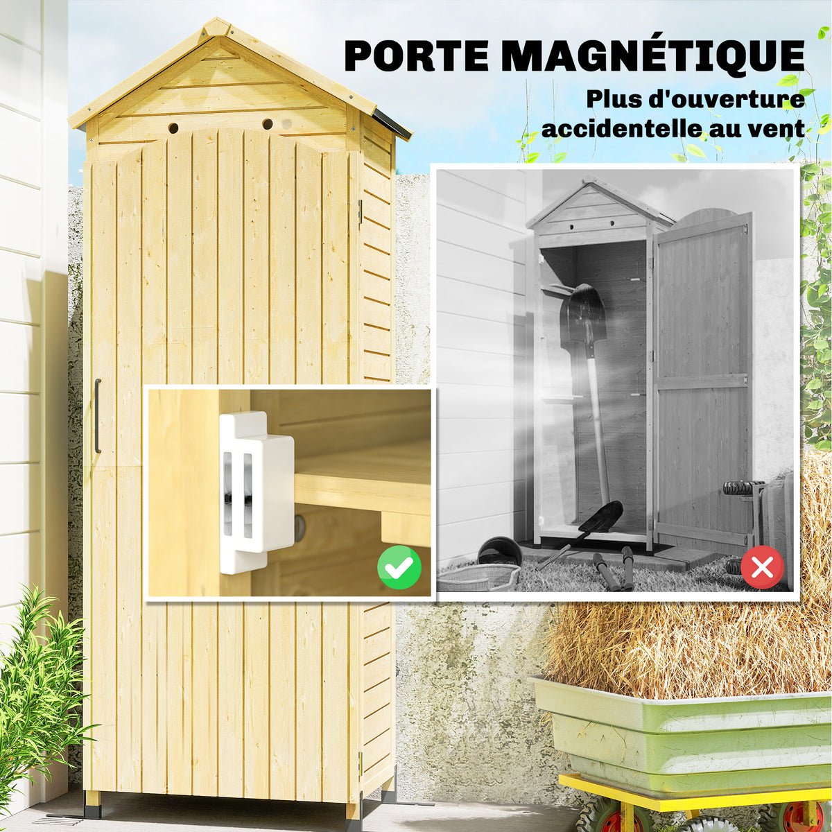 Armoire de Jardin en Bois Toit Acier Galvanisé Texture Gaufrée Étagères Réglables 85x58x213cm Bois Naturel