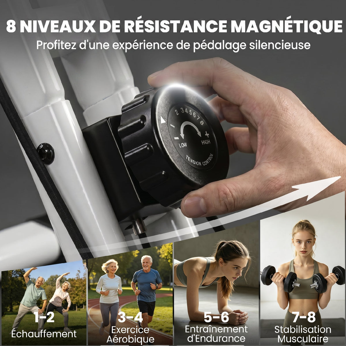 Vélo d'Appartement Pliable Vélo de Fitness 3 en 1 Silencieux Connecté Kinomap Bluetooth et Zwift 105x53,5x109cm Blanc