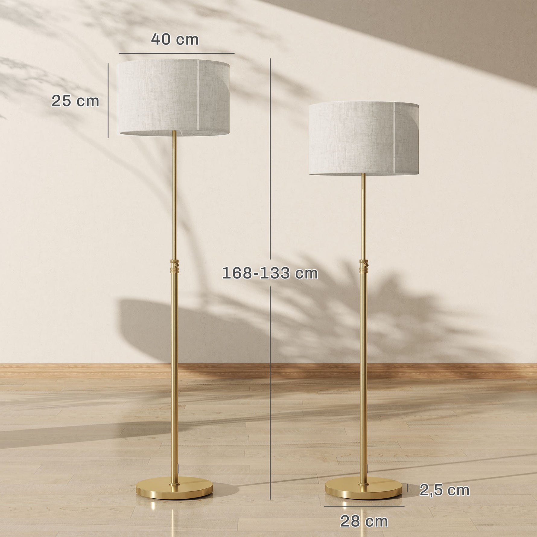 Lampadaire sur pied salon, lampe sur pied dimmable avec télécommande, abat-jour en lin, hauteur réglable 133-168cm, doré