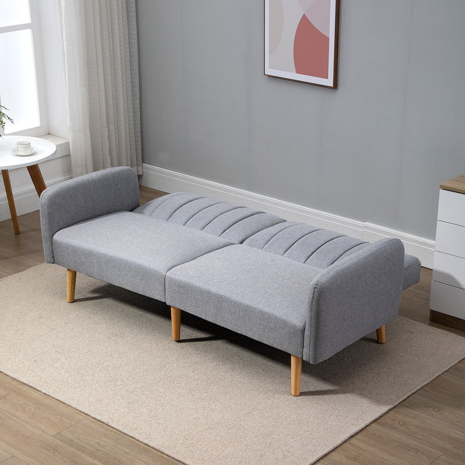 Canapé Convertible 2 Places Design scandinave Dossier inclinable 3 Positions Pieds Bois Tissu Aspect Lin Gris