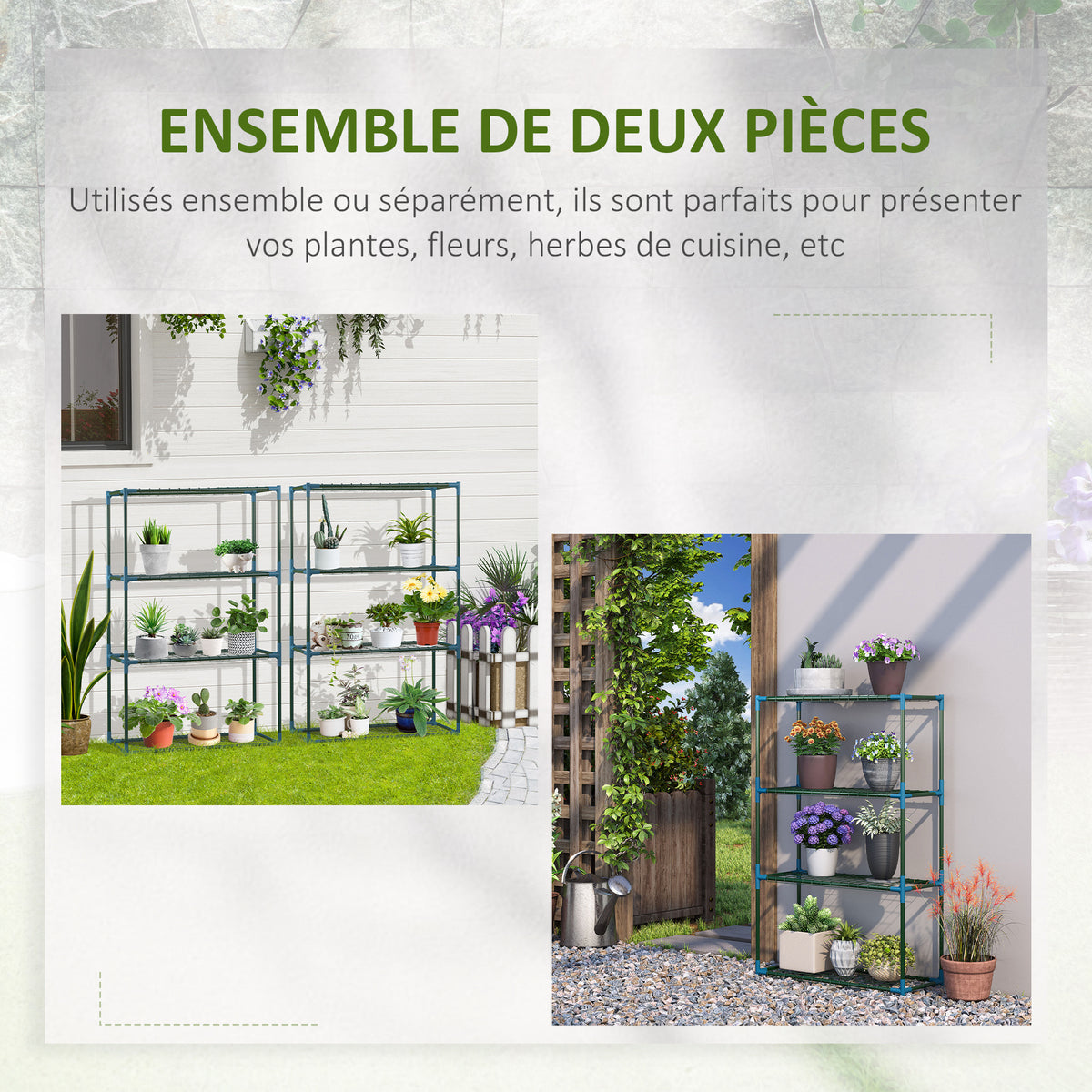 Lot de 2 Étagères à Fleurs en acier 4 Niveaux Intérieur et Extérieur, support de plantes 70 x 27 x 110 cm, vert
