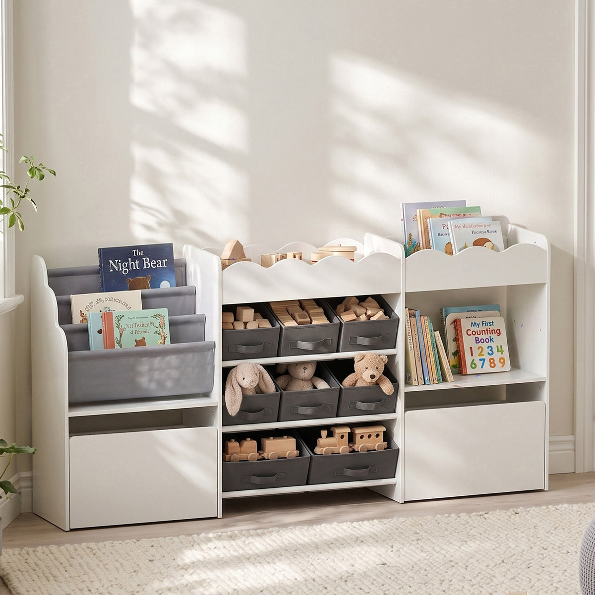 Meuble de rangement jouets enfant avec bibliothèque, 8 bacs en tissu, 2 tiroirs à roulettes et étagères ouvertes, blanc