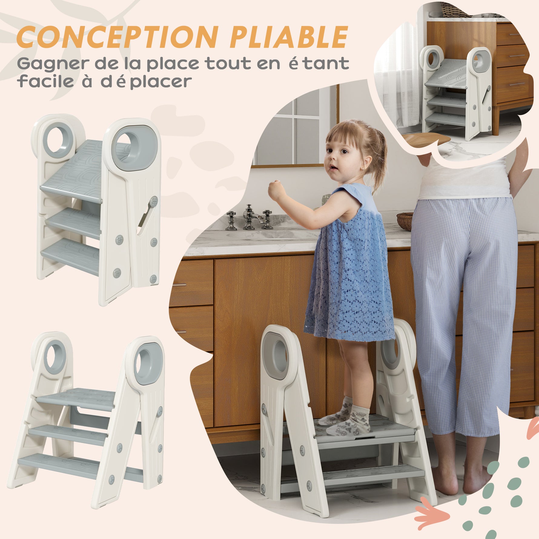 Marche pied pour enfant 3 marches, marchepied de cuisine pour enfant, pliable, hauteur ajustable de 2 à 3 marches, gris