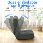 Fauteuil de sol pliable pivotant à 360°, chaise de sol rembourré avec dossier réglable en 5 positions, 58x107x79cm, gris