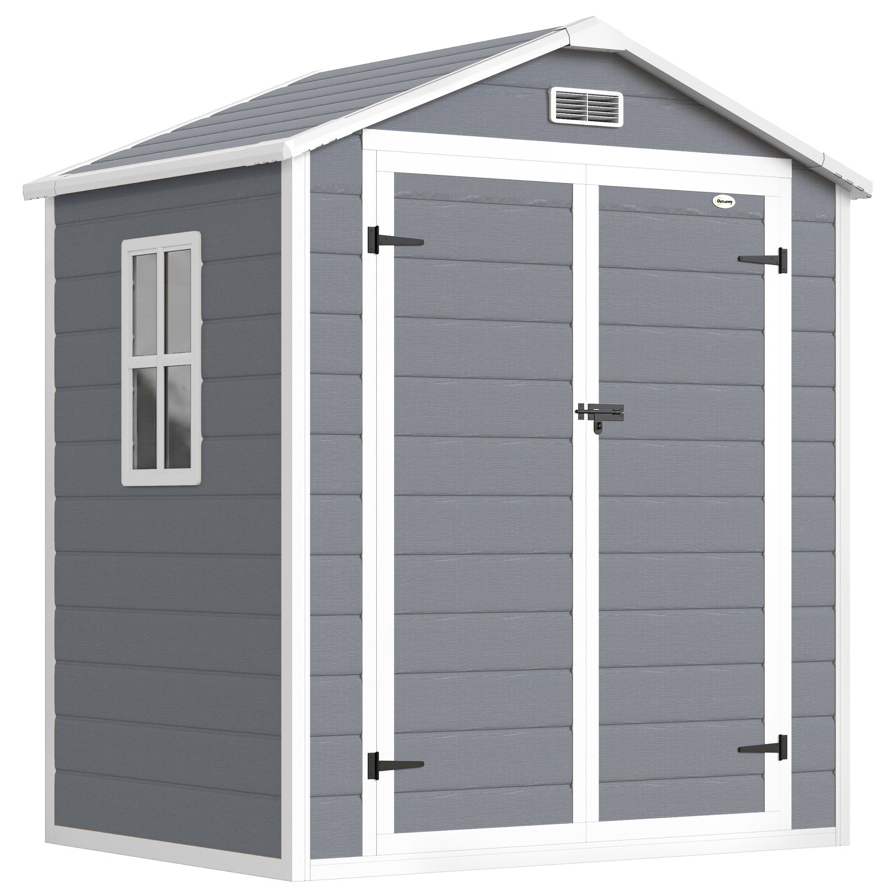 Abri de jardin cabanon en résine polypropylène 2,12 m² - 2 portes 1 fenêtre et 1 grille d'aération, toit à pignon, gris