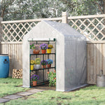 Serre de jardin PE avec étagères 2 niveaux, serre de balcon, bâche renforcée 140 g/m², châssis en acier, porte zippée enroulable, pour légumes plantes fleurs, 143x143x195cm, blanc