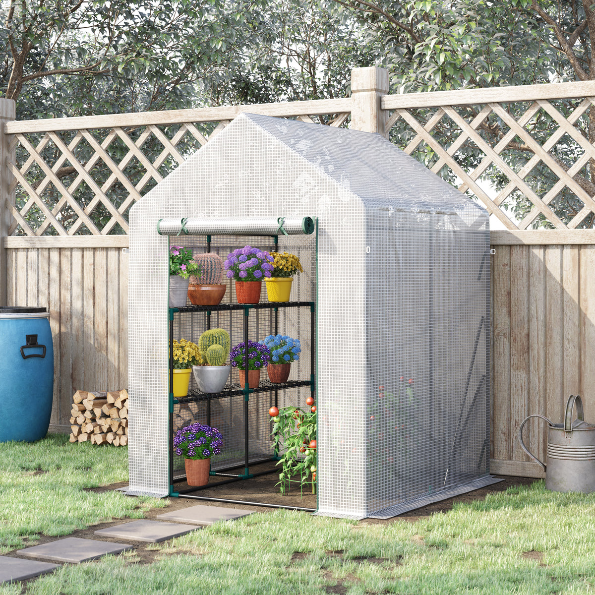 Serre de jardin PE avec étagères 2 niveaux, serre de balcon, bâche renforcée 140 g/m², châssis en acier, porte zippée enroulable, pour légumes plantes fleurs, 143x143x195cm, blanc
