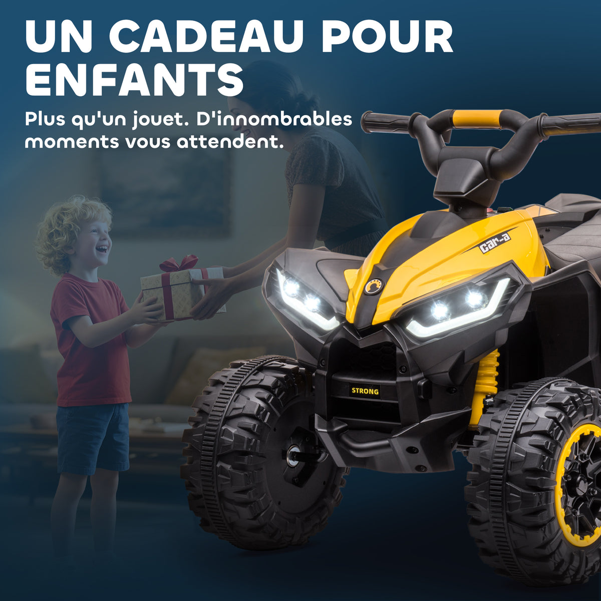 Quad électrique enfant 12 V, voiture électrique enfants 2 moteurs 2 vitesses 3-6 km/h, phares LED, klaxon, pour enfant de 3 à 5 ans, poignée et selle ergonomique, jaune