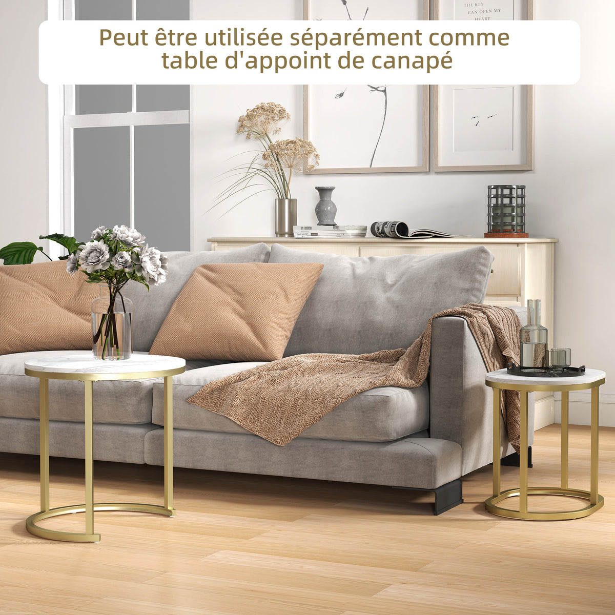Lot de 2 tables basses tables d'appoint gigognes encastrables structure en acier et plateau en bois aspect marbre or