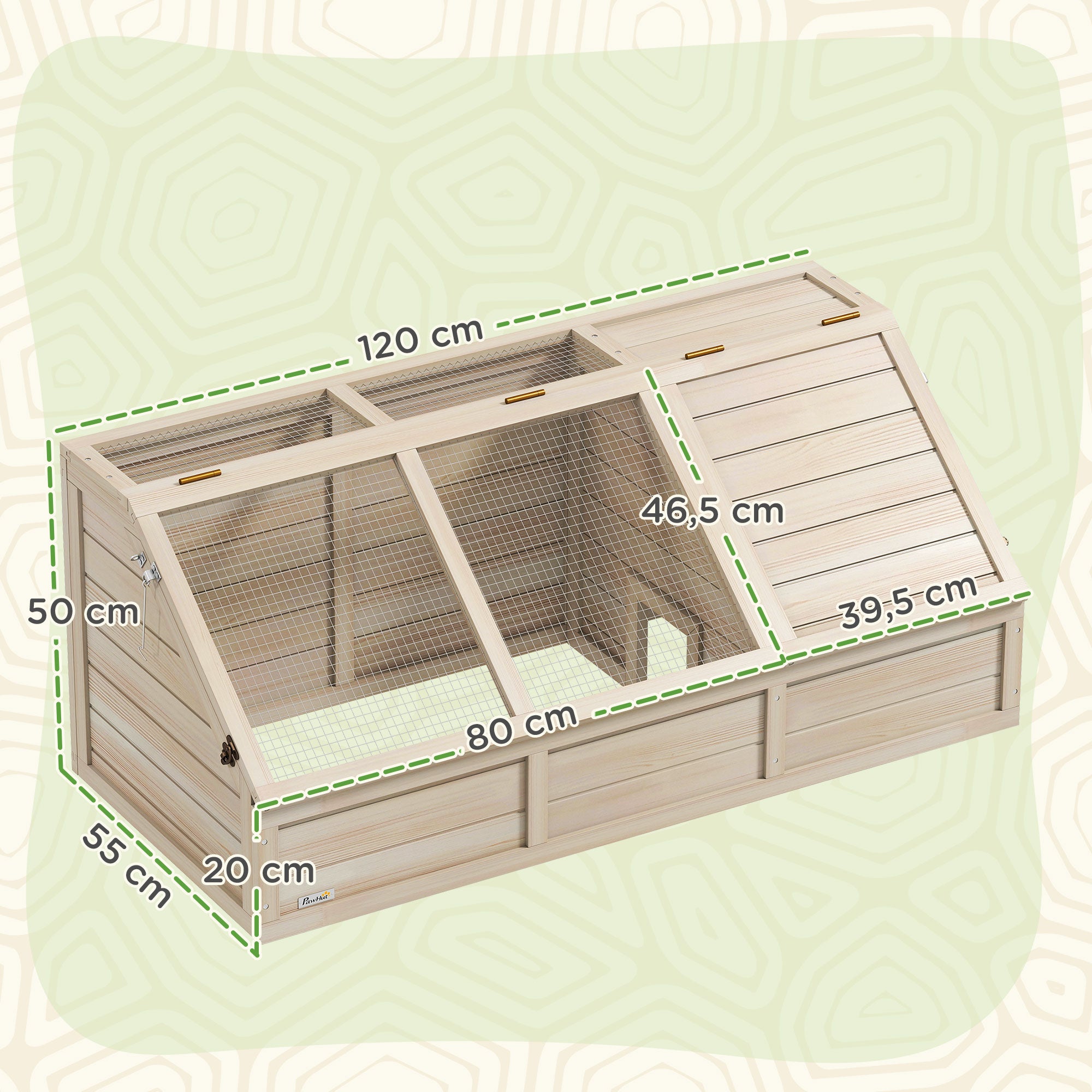 Wooden small animal tortoise enclosure cage with opening lid, latches, 2 separate areas, natural wood
