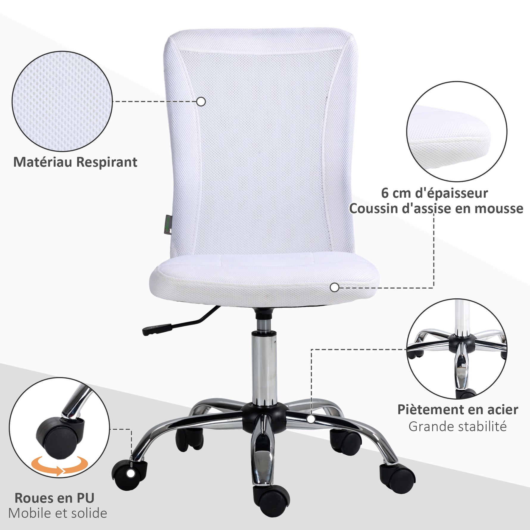 Chaise de bureau ergonomique hauteur réglable piètement chromé pivotant 360° revêtement maille blanc