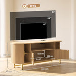 Meuble TV 140 cm avec 2 Prises et 2 Ports, Meuble Télé pour 84 Pouces, 2 Portes Battantes, 2 Portes Coulissantes, Chêne