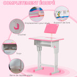 Bureau et chaise pour enfant avec support de lecture casier crochet et porte stylo 60 x 45x 90-102 cm rose