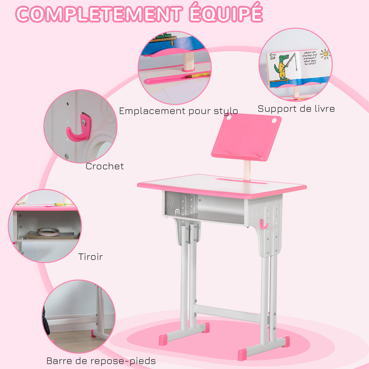 Bureau et chaise pour enfant avec support de lecture casier crochet et porte stylo 60 x 45x 90-102 cm rose