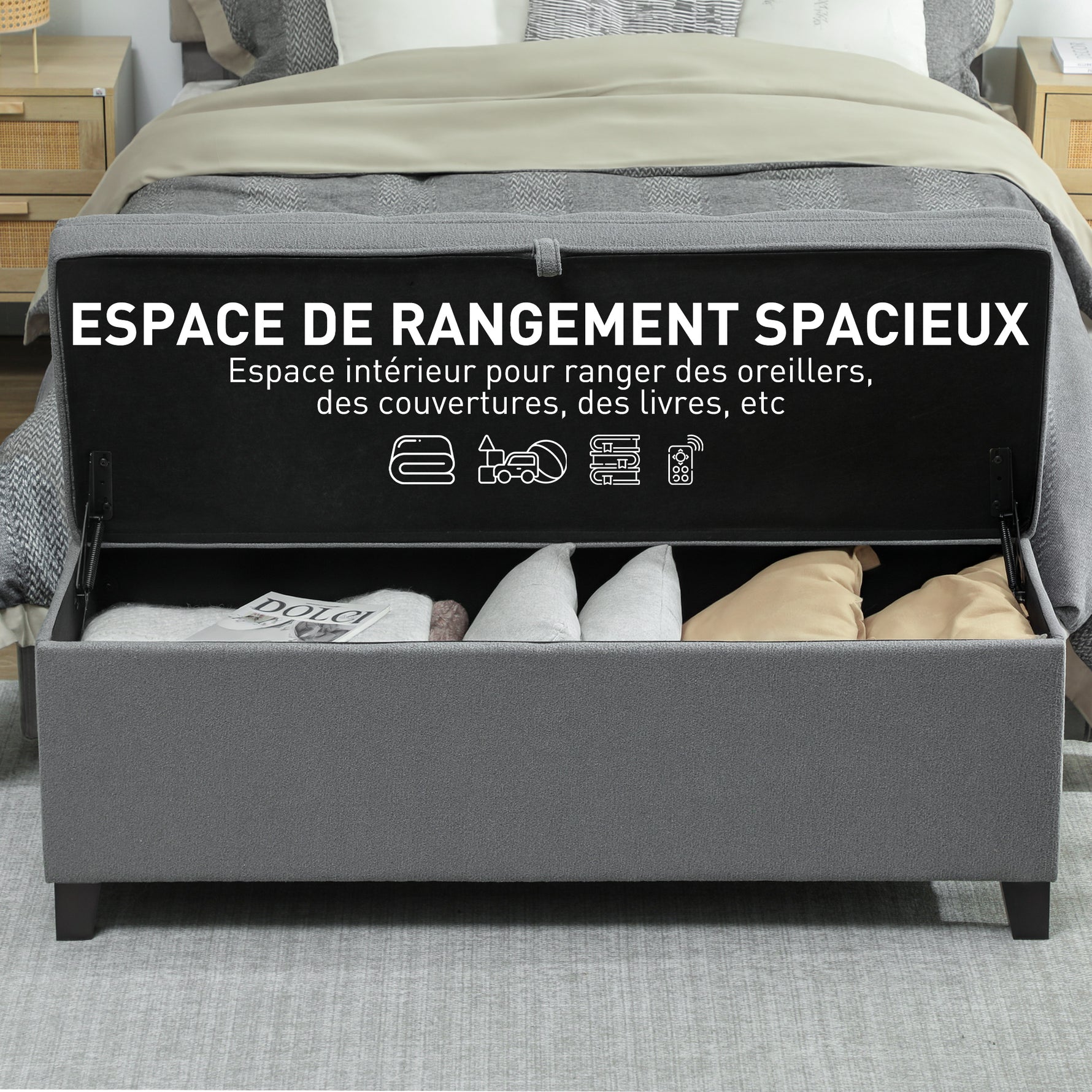 Banc de rangement 112L banquette bout de lit en tissu de lin, siège capitonné, 120 x 40 x 48 cm, gris foncé