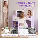 Coiffeuse pour Enfants avec Tabouret et Miroir en Acrylique à Éclairage Bicolore Coiffeuse Bureau Fille 3-8 Ans Violet