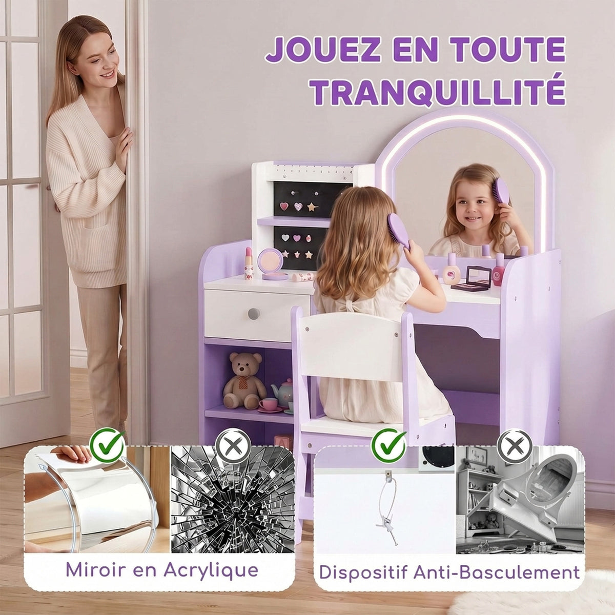 Coiffeuse pour Enfants avec Tabouret et Miroir en Acrylique à Éclairage Bicolore Coiffeuse Bureau Fille 3-8 Ans Violet