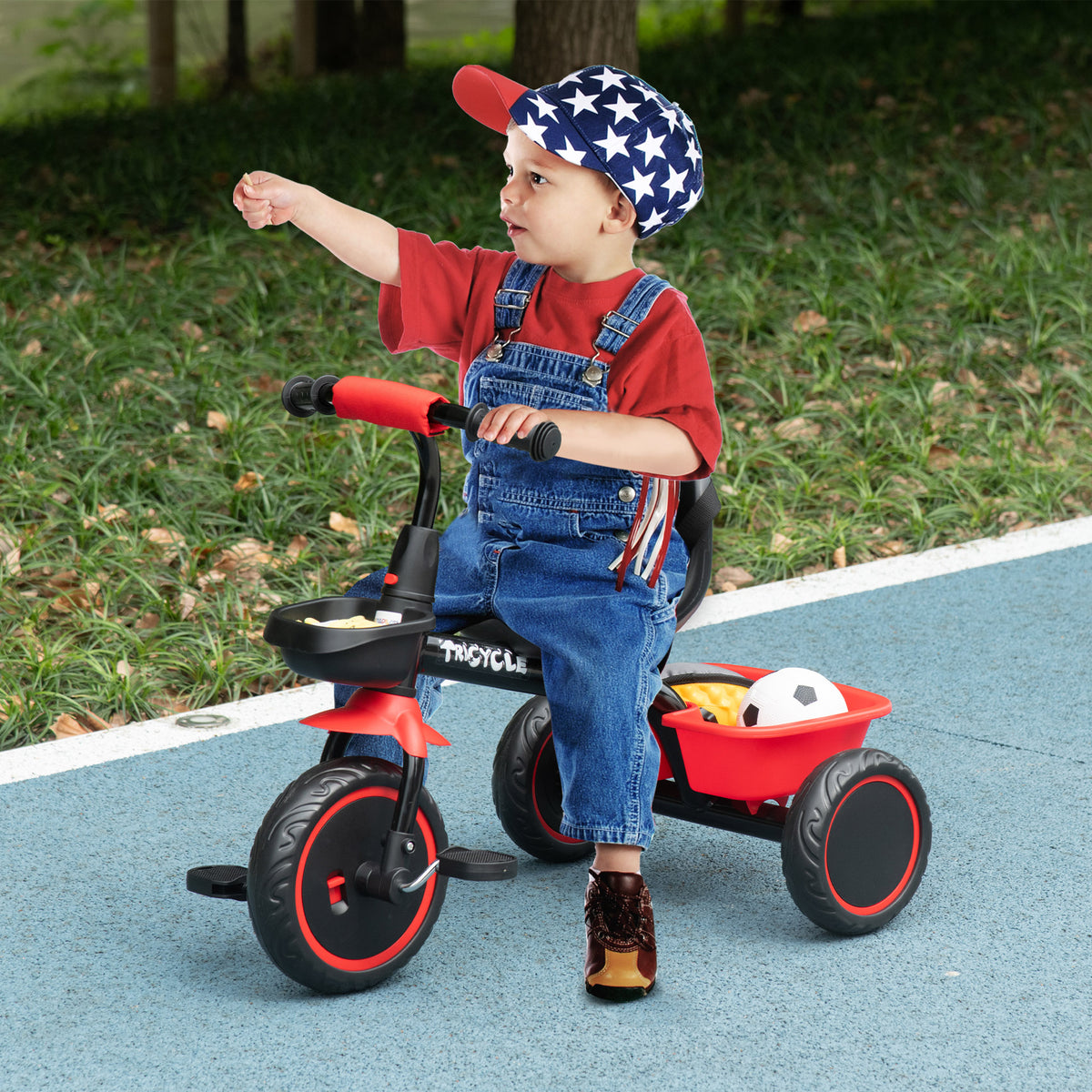 Tricycle pour enfant évolutif avec siège réglable pédales 2 paniers ceinture pour enfant de 2 à 5 ans rouge et noir