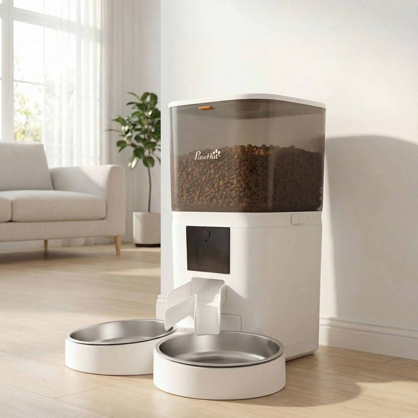 Distributeur Croquettes Chat Automatique 2 Animaux 6L Double Bol Inox WiFi Tuya App ABS 37x36x35cm Blanc