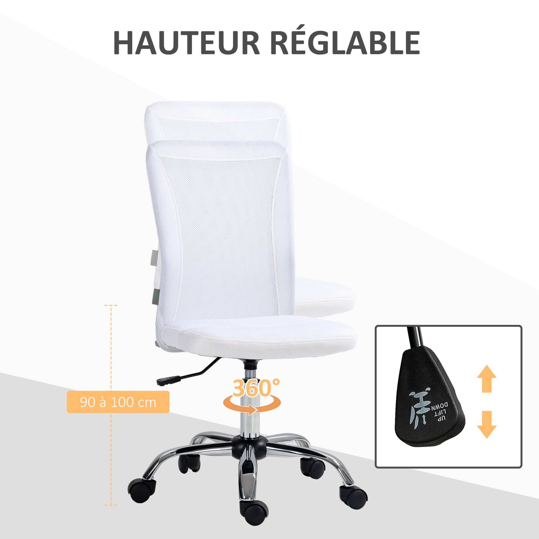 Chaise de bureau ergonomique hauteur réglable piètement chromé pivotant 360° revêtement maille blanc