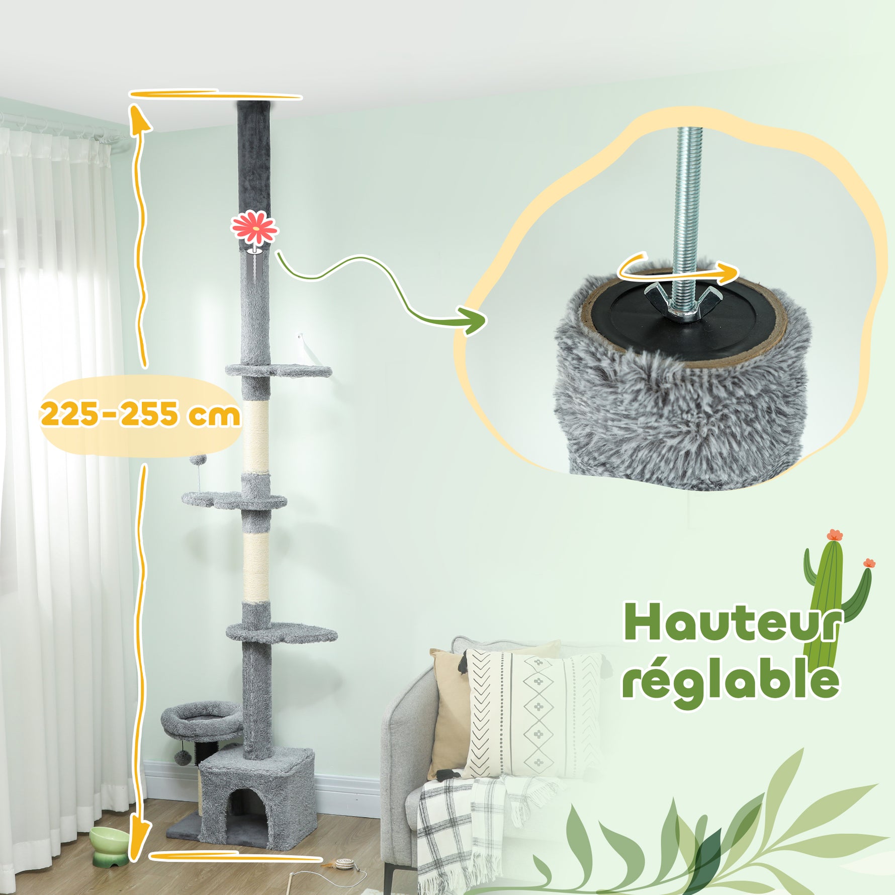 Arbre à chat du sol au plafond, tour à chat réglable en hauteur 225-255 cm à plusieurs niveaux, revêtement peluche, gris